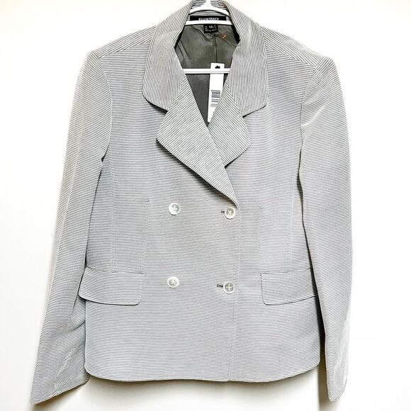 NWT Ellen Tracy Grey White Pinstripe Cotton Blend Jacket Blazer Womens 14 $448 - Picture 1 of 8